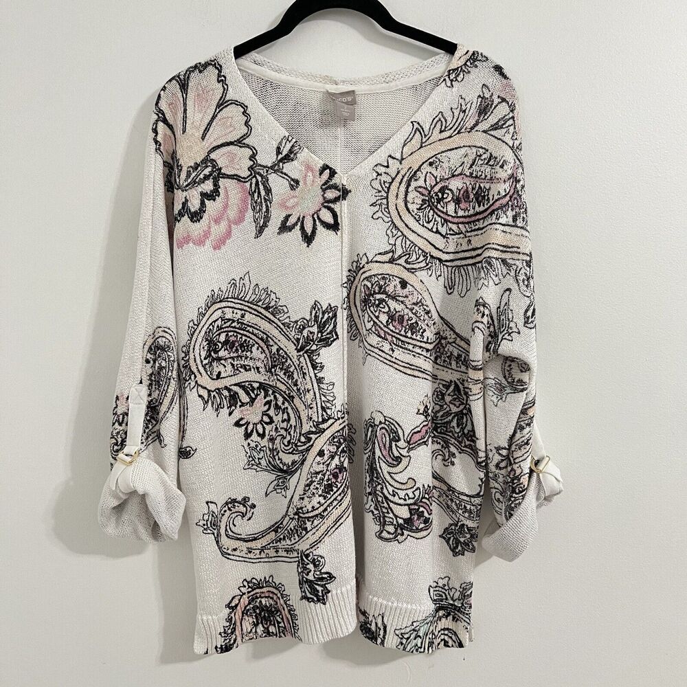 Chico's Sweater Size 2 Large White Paisley Print Bohemian 3/4 Sleeve Rolled Knit - Picture 3 of 8